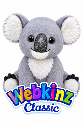 A plush koala toy with gray fur, white inner ears and chest, and a glittery dark nose, shown against a white background with the Webkinz Classic logo at the bottom.