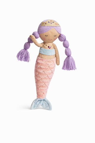 Mermaid doll with pink tail and purple braided hair on a white background