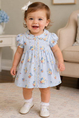 A toddler girl wearing a light blue short-sleeve dress with a yellow and white floral print, standing in a cozy living room setting.