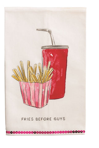 Cartoon illustration of fries and a drink with text 'Fries Before Guys' on a white background.