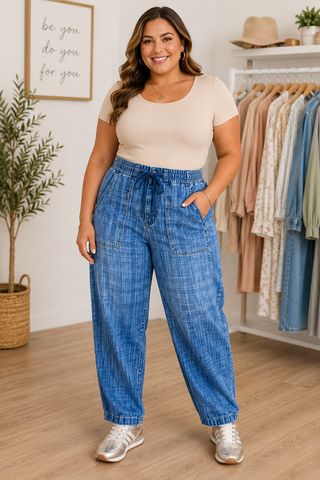A woman modeling a pair of wide-leg blue denim pants with a drawstring waist, paired with a beige short-sleeve top and white sneakers in a boutique setting.