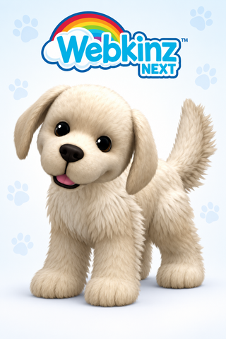 A 3D-rendered cream-colored puppy with floppy ears and a pink tongue, shown against a light blue background with paw prints and the Webkinz Next logo at the top.