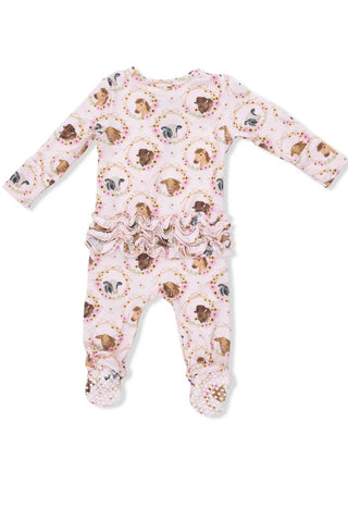Infant: Angel Dear 2 Way Ruffle Back Zipper Footie Farm Animals Floral Cameos Pink