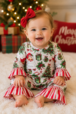 Baby girl wearing romper.