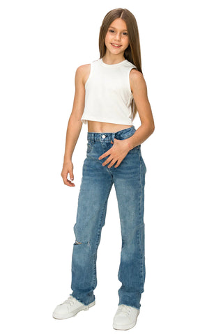 Tractr Girls Fray Hem Straight Leg Jeans