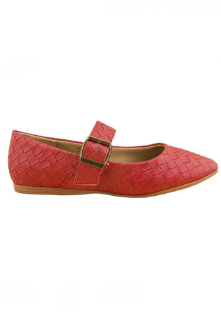 A single red woven leather Mary Jane shoe with a brown strap and buckle, shown from a side-facing angle on a white background.