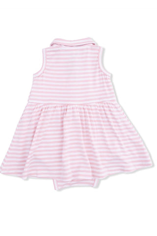 Pink and white striped dress on a white background