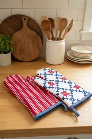 Two oven mitts on a kitchen counter with wooden cutting boards and utensils in the background.