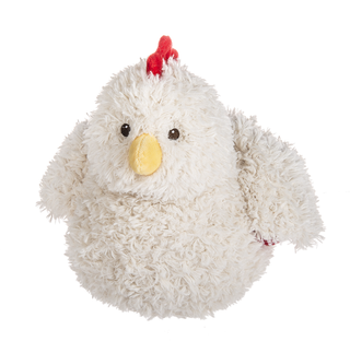 Plush chicken toy with a red comb on a white background