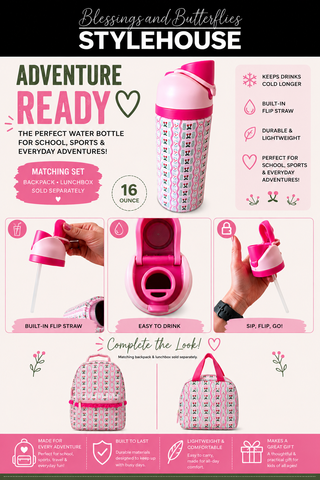 A promotional collage for a pink patterned water bottle and matching backpack set from Stylehouse, with text callouts, a hand demonstrating the bottle's flip-straw lid, and feature icons on a light pink background.