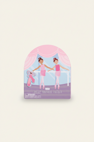 Ballet magnetic puzzles packaging with two ballerinas and a pink bow on a white background
