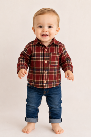 A smiling toddler standing barefoot against a plain light background, wearing a long-sleeve red and navy plaid button-up shirt with blue jeans.