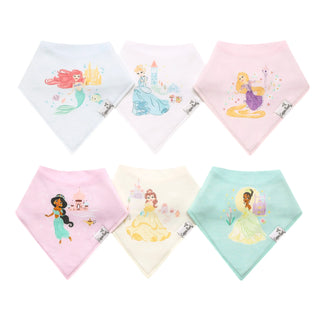 Set of six Disney-themed baby bibs with princess designs on a white background