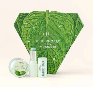 Bluephoria lip balm set with green leaf-shaped packaging on a white background