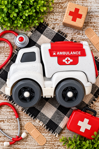 White and ed ambulance truck. 