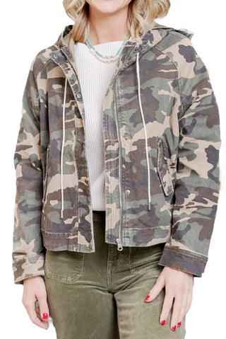 Camouflage jacket worn by a person on a white background