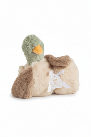 Plush toy with duck head and fluffy body on a white background