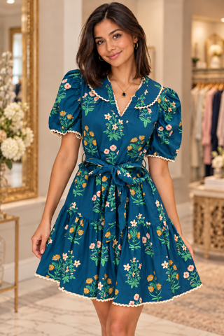 A woman modeling a teal blue floral mini dress with puff sleeves, a V-neckline, and a matching waist tie, set against a warm boutique interior.