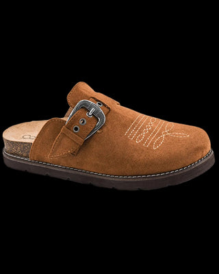 A single brown suede clog-style mule shoe with a decorative buckle strap and white embroidered details on the side, shown against a plain white background.