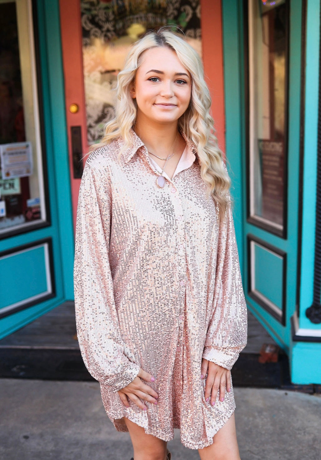Champagne Shine Button Down Dress