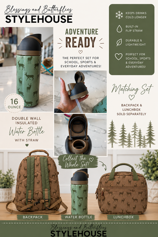 Info graphic showing all the assets of the green water bottle with deer print