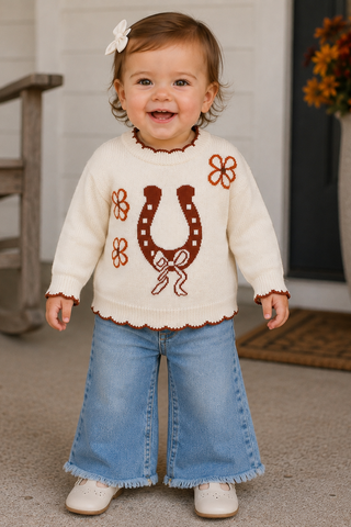 A toddler stands on a porch wearing a cream knit sweater with a brown horseshoe and flower motif, light blue wide-leg jeans, and white shoes.