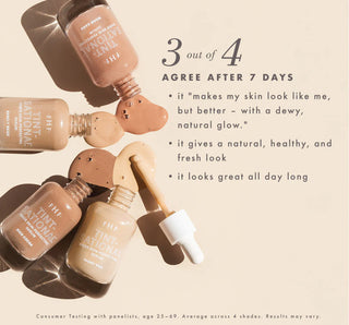 Foundation bottles with text on a beige background