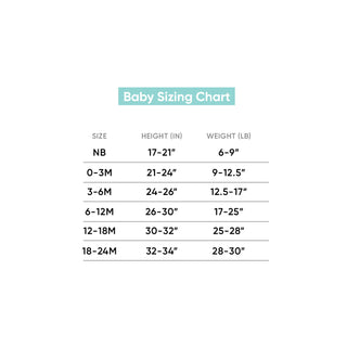 Baby sizing chart with height and weight measurements for different age groups.