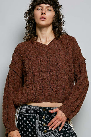A woman wearing a brown chunky cable-knit cropped sweater and patterned black pants, photographed against a plain light gray studio background.