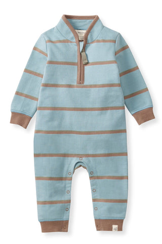 Blue and brown striped baby romper on a white background