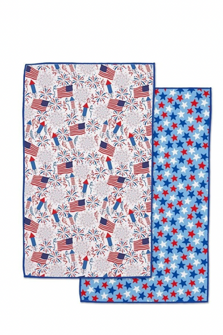 Two Patriotic-themed towels with American flag and star patterns on a white background.