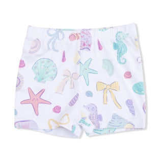 Shorts with a pastel sea-themed pattern on a white background
