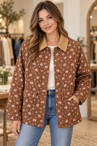 Women wearing jacket in a shopping environment. 