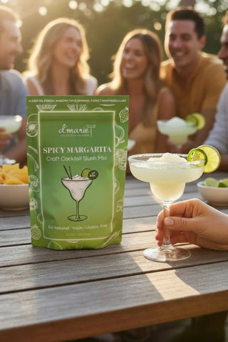 Spicy Margarita mix package on a table with people enjoying drinks in the background