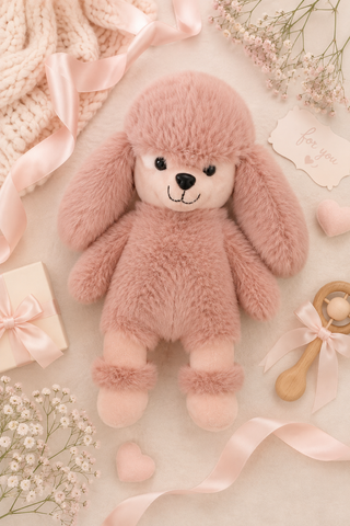 A soft pink plush puppy toy with long floppy ears, a black embroidered nose and eyes, and fluffy pink booties, styled on a cream fabric with pastel ribbons, baby flowers, a gift box, and a wooden rattle.