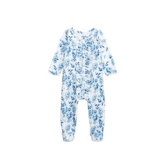 Blue floral baby onesie on a white background