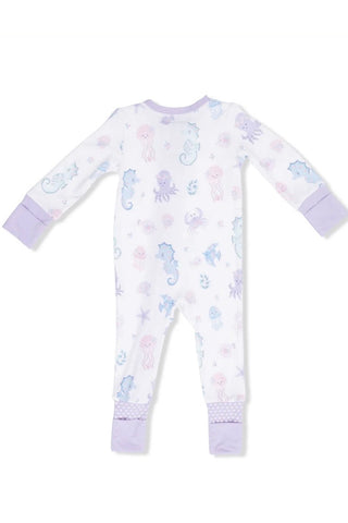 Baby onesie with sea-themed print on a white background