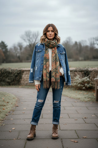 Woman wearing a denim jacket, scarf, and jeans standing on a paved path with a garden background.