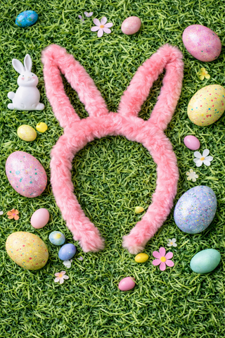 Pink bunny headband on a grassy background with Easter eggs and flowers