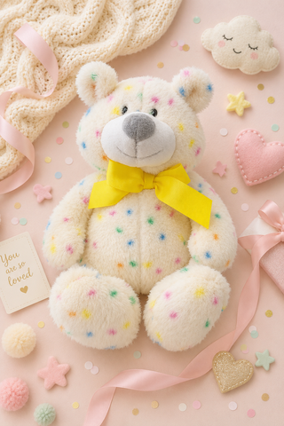 A cream-colored plush teddy bear with colorful confetti dots and a bright yellow bow tie, styled on a pink background with pastel ribbons, stars, hearts, and a knitted blanket.