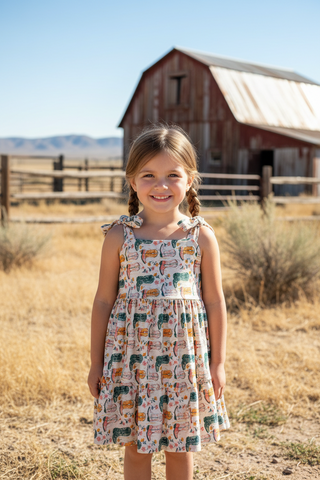 Young girl in a patterned dress standing in front of a red barn.