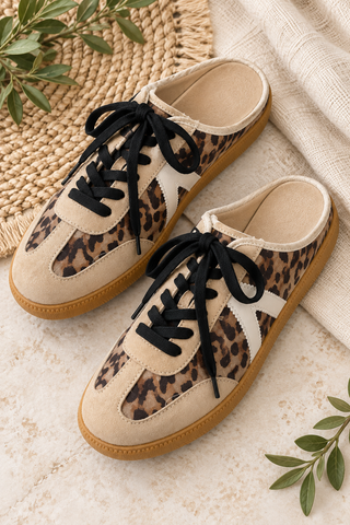 Shoes that have leopard and cream slides. 