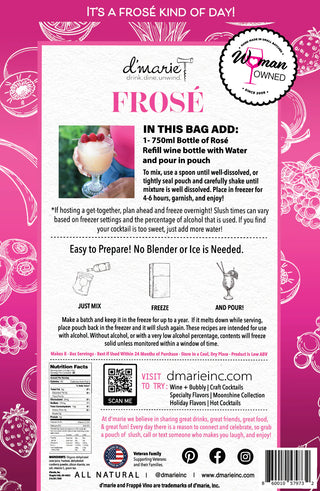D'marie Frosé cocktail mix packaging with pink background and text instructions.