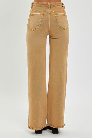 Tan wide-leg jeans on a white background