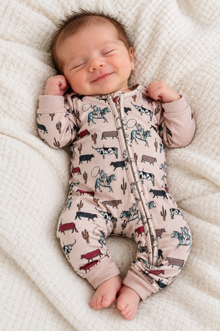 A sleeping newborn baby wearing a light pink one-piece sleeper with a western cow and cactus print, lying on a textured cream blanket.