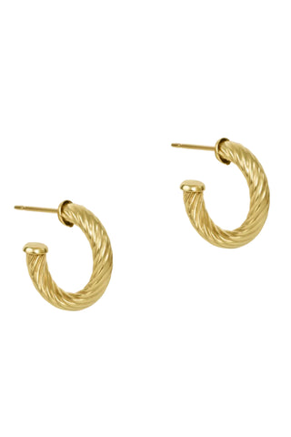 Gold hoop earring with a twist texture on a white background