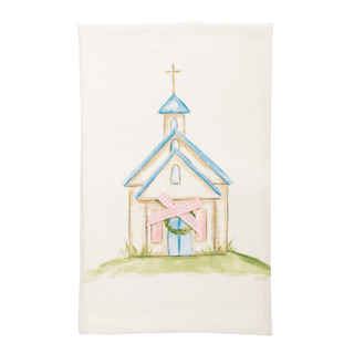 Watercolor painting of a small church with a pink door on a white background