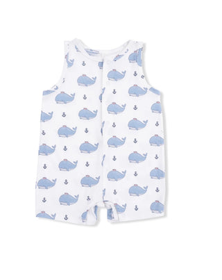 Baby romper with blue whale pattern on a white background