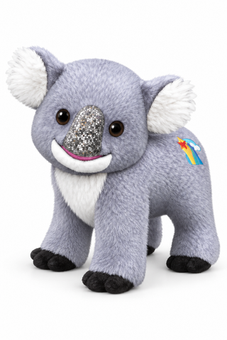 A plush koala toy in light gray and white with a glittery silver nose, black paws, and a small rainbow patch on its back, shown on a plain white background.