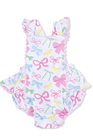 One-piece swimsuit with colorful bow pattern on a white background